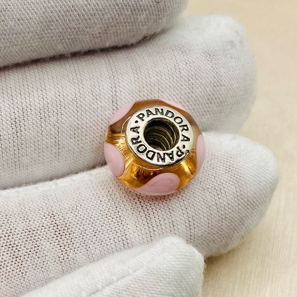 EUC Pandora 790660 Sterling Silver Rose Murano Glass Charm w/ Pink Hearts - Picture 6 of 8